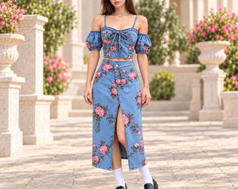 Blue Floral Denim Two-Piece Set, Off-Shoulder Crop Top & Midi Skirt