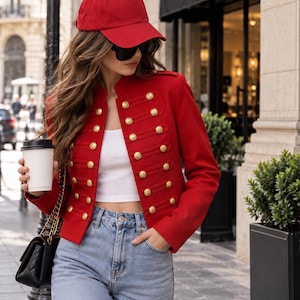 Cropped Denim Jacket, Officer Style, Gold Buttons, Vintage Inspired