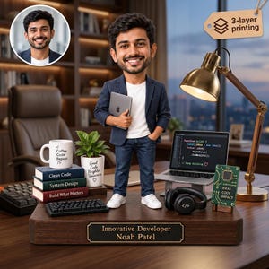 May include: A custom bobblehead figure of a developer wearing a navy blazer, white t-shirt, and blue jeans, holding a tablet. The figure stands on a wooden base labeled "Innovative Developer Noah Patel" with a laptop, headphones, and books.