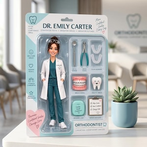 Könnte beinhalten: Eine Dr. Emily Carter Puppe in Blisterverpackung mit zahnmedizinischem Zubehör wie einem Spiegel, einer Zange, transparenten Alignern, einem Zahnspangenmodell, einer Zahnfigur, einer Retainer-Box und einer Checkliste. Mit Text versehen.