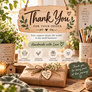 May include: A wooden hanging sign with the text Thank You FOR YOUR ORDER, featuring green leaf illustrations and a heart. Below, a brown paper gift package is tied with twine and a heart-shaped tag reading Grateful for you, surrounded by icons.