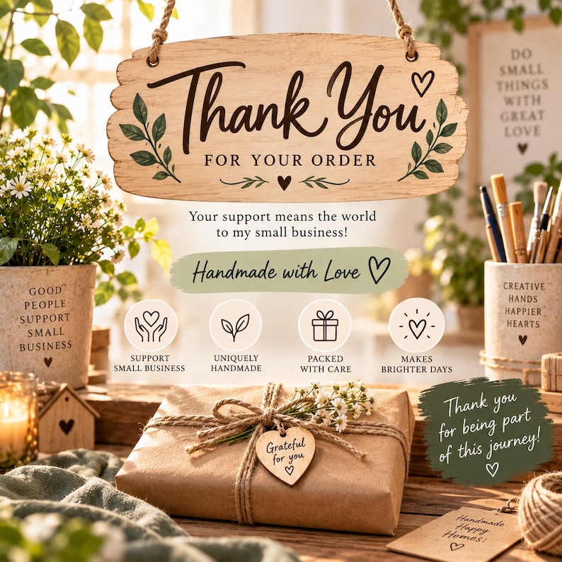 May include: A wooden hanging sign with the text Thank You FOR YOUR ORDER, featuring green leaf illustrations and a heart. Below, a brown paper gift package is tied with twine and a heart-shaped tag reading Grateful for you, surrounded by icons.