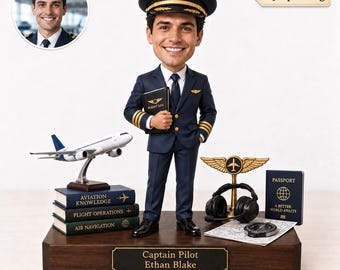 Personalized Pilot Caricature Block, Custom Photo Airline Captain Gift, Aviation Desk Decor