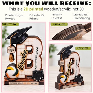 May include: A 2D printed wooden display featuring a large letter B, a graduation cap, a volleyball, and athletic shoes. The text reads "WHAT YOU WILL RECEIVE", "Brooke", "Pinecrest Academy", "CLASS OF 2027", and "SET YOUR GOALS. DIG DEEP. GO FAR."
