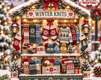 Cozy Christmas Knit Shop 2D Tabletop Block, Scandinavian Winter Market Decor, Sweater And Mitten Holiday Village Display