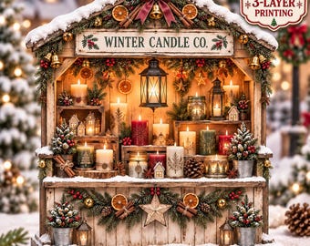 Christmas Candle Market 2D Block, Cozy Winter Village Decor, Festive Candle Shop Shelf Accent For Holiday Home