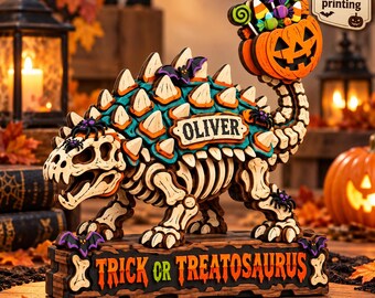 Personalized Halloween Dinosaur Block Decor, Skeleton Dino Trick Or Treat Shelf Sitter, Candy Pumpkin Tabletop Sign