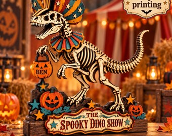 Personalized Halloween Dinosaur Block Decor, Skeleton Dino Trick Or Treat Sign, Spooky Pumpkin Tabletop Shelf Sitter