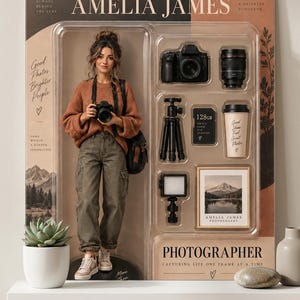 May include: An Amelia James photographer doll set in packaging featuring a figure in a brown jumper and olive cargo trousers, with accessories including a camera, lens, tripod, 128GB memory card, coffee cup, light panel, and a framed mountain photo.