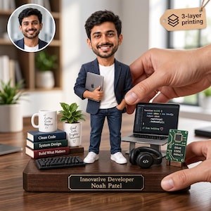 May include: A custom bobblehead figure of a man in a navy blazer, white t-shirt, and jeans, standing on a wooden base labeled "Innovative Developer Noah Patel." Accessories include a laptop, headphones, keyboard, books, and a plant.