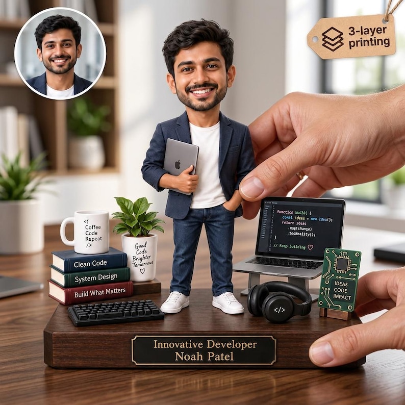 May include: A custom bobblehead figure of a man in a navy blazer, white t-shirt, and jeans, standing on a wooden base labeled "Innovative Developer Noah Patel." Accessories include a laptop, headphones, keyboard, books, and a plant.