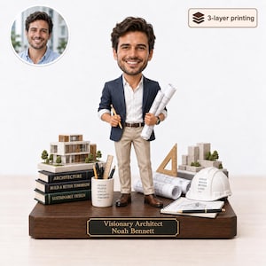 May include: A custom bobblehead figure of an architect wearing a navy blazer, white shirt, and tan trousers. The figure holds blueprints and a pencil, standing on a wooden base labelled Visionary Architect Noah Bennett with miniature models.