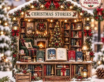 Cozy Christmas Library 2D Block, Storybook Holiday Decor, Winter Reading Nook Gift For Book Lovers