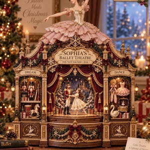 Könnte beinhalten: Ein dekoratives Miniaturtheater mit der Aufschrift Sophia's Ballet Theatre The Nutcracker 2026, einer Ballerina-Figur oben und einem Nussknacker, der mit einem Mädchen auf der Bühne tanzt. Die Struktur enthält Regale mit Spielzeug und Ballettzubehör.