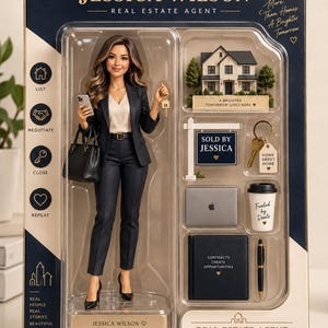 May include: A Jessica Wilson real estate agent doll in packaging with accessories including a miniature house, a sold sign, a keychain, a laptop, a coffee cup, a contract folder, and a pen. The packaging features text including Real Estate Agent.