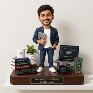 May include: A custom bobblehead figurine of a developer in a navy blazer, white t-shirt, and jeans, standing on a wooden base labeled "Innovative Developer Noah Patel." Accessories include a laptop, keyboard, headphones, books, and a plant.