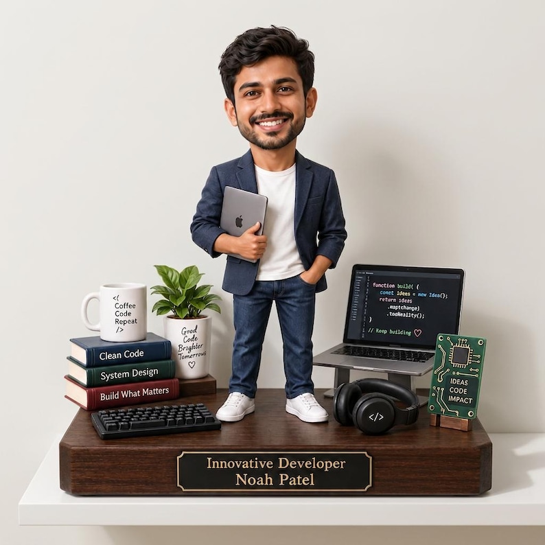 May include: A custom bobblehead figurine of a developer in a navy blazer, white t-shirt, and jeans, standing on a wooden base labeled "Innovative Developer Noah Patel." Accessories include a laptop, keyboard, headphones, books, and a plant.