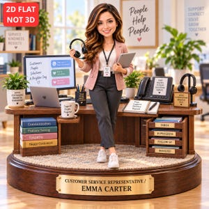 May include: A figurine of a customer service representative named Emma Carter standing at a wooden desk. The desk features a computer monitor, a tablet, a telephone, a stack of books labeled Communication, Problem Solving, Empathy, and Happy Customers, and a document tray with labels for Inbox, In Progress, Follow Up, and Resolved.