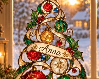 Christmas Tree Acrylic Suncatcher, Faux Stained Glass Window Hanging, Holly Ornament Holiday Decor