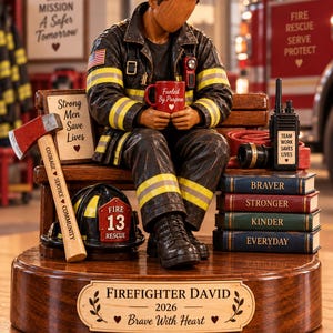 May include: A firefighter figurine sitting on a bench, holding a red mug with the text Fueled By Purpose. The figure wears a dark turnout coat with yellow reflective stripes. Accessories include an axe, helmet, radio, and books labeled Braver, Stronger, Kinder, Everyday. The base is engraved with Firefighter David 2026 Brave With Heart.