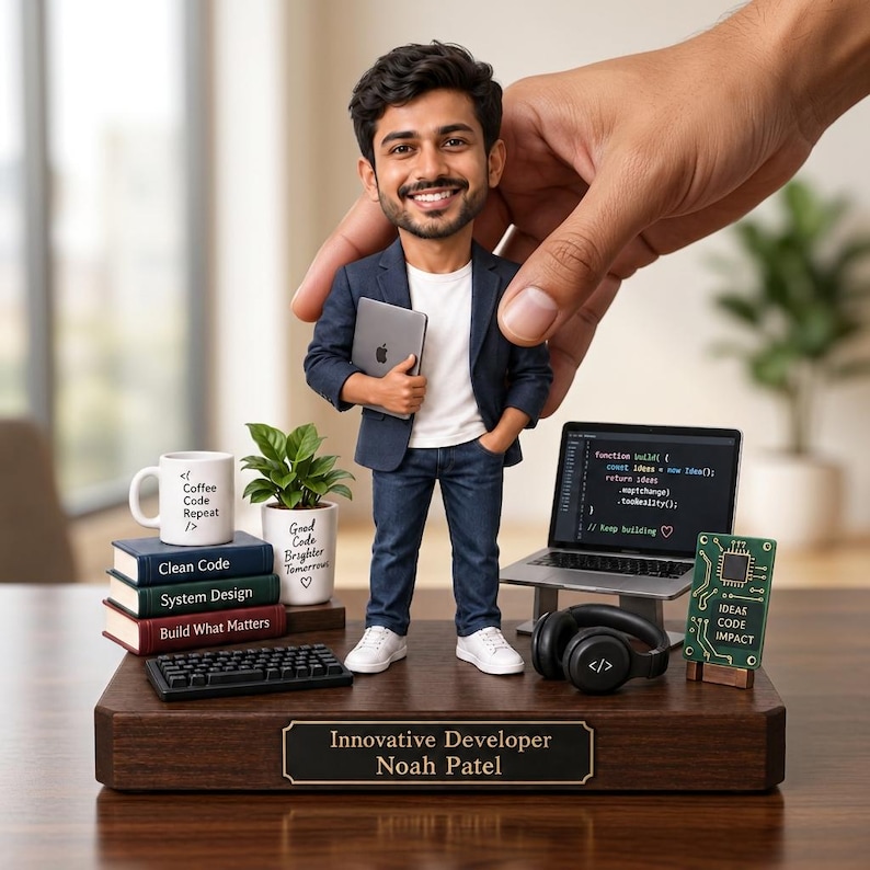 May include: A custom bobblehead figure of a smiling person in a navy blazer, white t-shirt, and jeans, holding a tablet. The base features a plaque reading "Innovative Developer Noah Patel" with a laptop, books, keyboard, headphones, and a circuit board.