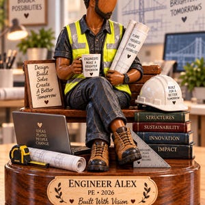 Puede incluir: Una figura de un ingeniero con chaleco de alta visibilidad, camisa oscura y botas de trabajo, sentado en un banco. La base tiene una placa que dice ENGINEER ALEX PE 2026 Built With Vision. Los accesorios incluyen una computadora portátil, planos, un casco, libros y una cinta métrica.