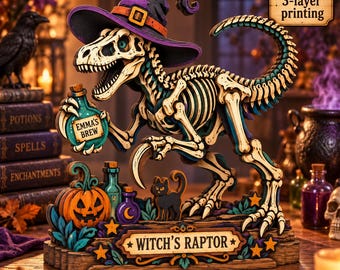 Halloween Dinosaur Skeleton Block Decor, Witch Hat Raptor Shelf Sitter, Pumpkin Potion And Black Cat Spooky Tabletop Accent