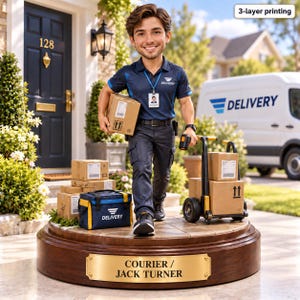 May include: A bobblehead figurine of a delivery courier named Jack Turner, wearing a navy blue polo shirt and dark trousers. The figure holds a cardboard box and a scanner, standing on a wooden base with a gold plaque reading COURIER / JACK TURNER.