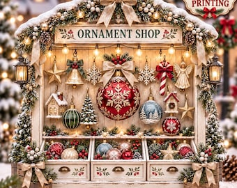 Holiday Ornament Store 2D Block, Christmas Market Tabletop Display, Rustic Winter Village Shelf Decor