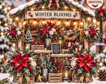 Winter Blooms Christmas 2D Block, Poinsettia Flower Market Tabletop Decor, Rustic Holiday Village Shelf Display
