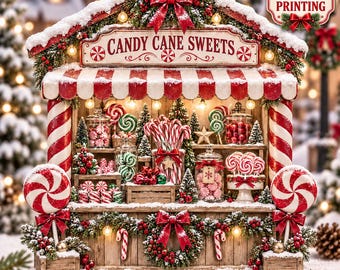 Candy Cane Christmas 2D Block, Peppermint Sweet Shop Tabletop Decor, Holiday Market Shelf Display