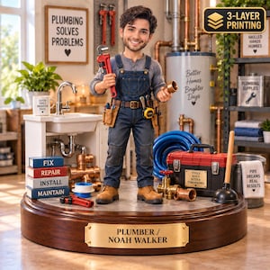 May include: A custom bobblehead figurine of a plumber named Noah Walker standing on a circular wooden base with a brass nameplate. The figure wears denim overalls, a grey shirt, and a tool belt, holding a red pipe wrench and a copper fitting.
