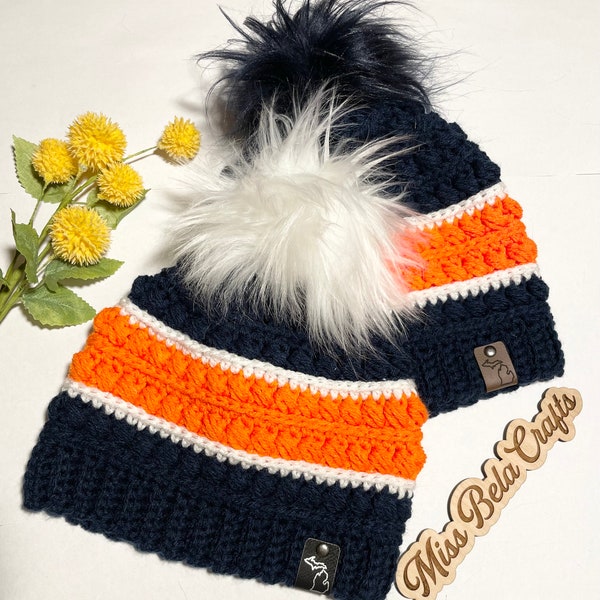 Detroit Tigers inspired Hat/Crochet/Tigers Faux Fur/Beanie/SportsEvent/Pompon/winter hat/accessories/skihat/gift/baseball hat/Teams/open day