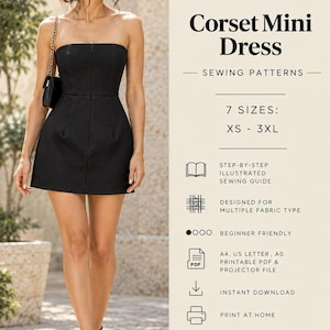 May include: A premium layered PDF sewing pattern for a black corset mini dress. The text includes: Premium Layered PDF Sewing Pattern, Corset Mini Dress, 7 Sizes: XS-3XL, Step-by-step illustrated sewing guide, Designed for multiple fabric type, Beginner friendly, A4, US Letter, A0 printable PDF & projector file, Instant download, Print at home, Arden Atelier Sewing Patterns.