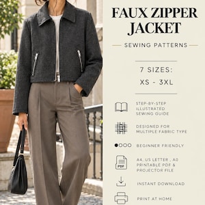 Peut inclure: Un patron de couture PDF premium en couches pour une veste à fausse fermeture éclair. Le patron comprend 7 tailles du XS au 3XL, un guide de couture illustré étape par étape, et est conçu pour plusieurs types de tissus. Fichiers A4, A0 et projecteur.