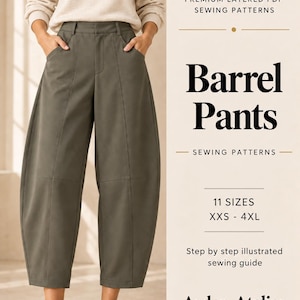 Peut inclure: Pantalon tonneau vert olive avec une coupe taille haute, des poches latérales et des coutures verticales. Le texte indique : PREMIUM LAYERED PDF SEWING PATTERNS, Barrel Pants, SEWING PATTERNS, 11 SIZES XXS - 4XL, Step by step illustrated sewing guide, Arden Atelier.
