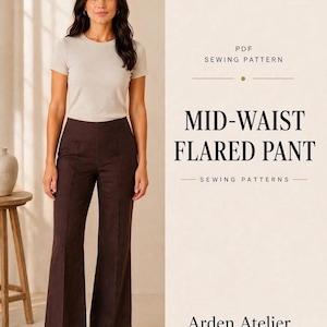 May include: A PDF sewing pattern for mid-waist flared pants by Arden Atelier. The image displays a light-colored short-sleeved t-shirt paired with dark brown flared pants featuring vertical seam details and a wide waistband.