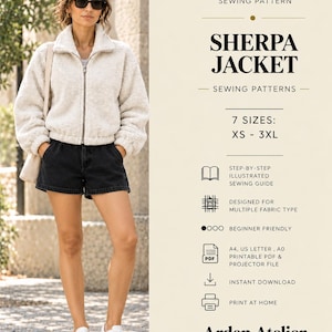May include: A premium layered PDF sewing pattern for a sherpa jacket by Arden Atelier. Includes 7 sizes from XS to 3XL, a step-by-step illustrated sewing guide, and files for A4, US letter, and A0 printing or projector use. Instant download available.