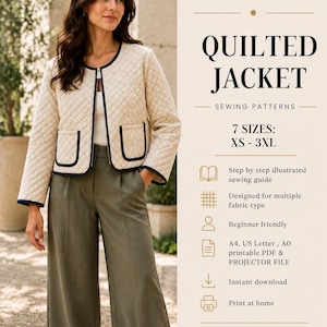 May include: A premium layered PDF sewing pattern for a quilted jacket. The text reads: QUILTED JACKET, 7 SIZES: XS - 3XL, Step by step illustrated sewing guide, Designed for multiple fabric type, Beginner friendly, A4, US Letter, A0 printable PDF & PROJECTOR FILE, Instant download, Print at home, Arden Atelier SEWING PATTERNS.
