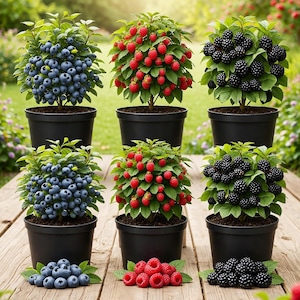 Peut inclure: Six arbustes à baies en pot disposés en deux rangées sur une surface en bois, comprenant deux myrtilliers aux fruits bleus, deux framboisiers aux fruits rouges et deux mûriers aux fruits noirs, avec des baies en vrac placées devant.