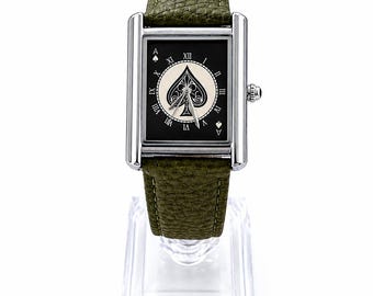 Ace of Spades Rectangular Watch, Olive Green Leather Strap, Black Dial Wristwatch