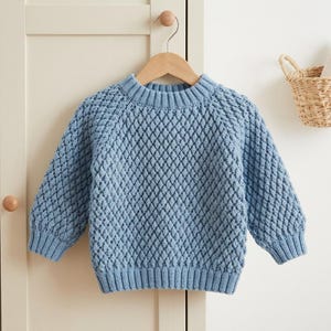 May include: A light blue long-sleeve sweater featuring a textured diamond knit pattern throughout the body and sleeves. The garment has a ribbed crew neckline, ribbed cuffs, and a ribbed hem, and is displayed on a wooden hanger.