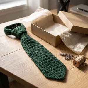 Peut inclure: Une cravate en crochet vert foncé présentant un motif de points côtelés texturés. La cravate est posée à plat, à côté d'une boîte cadeau en carton ouverte doublée de papier de soie blanc et d'une petite bobine de ficelle en bois avec de la lavande séchée.