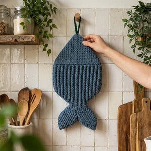 May include: A blue, fish-shaped knitted potholder with a ribbed texture and a dark green hanging loop. The item features a triangular head section, a vertically ribbed body, and a bifurcated tail, all crafted from a single piece of yarn.