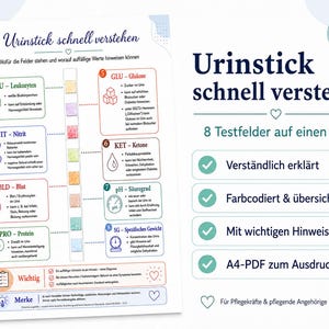 以下が含まれることがあります： Urinstick schnell verstehenというタイトルのデジタルPDFガイド。LEU、NIT、BLD、PRO、GLU、KET、pH、SGの8つの尿検査項目を示す縦型のカラーチャートと、各医療指標の説明文およびアイコンが記載されています。