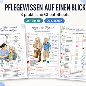 Könnte beinhalten: Drei informative Spickzettel mit dem Titel PFLEGEWISSEN AUF EINEN BLICK. Die Dokumente enthalten Illustrationen und deutschen Text zur Gesundheitsbeurteilung, zu Diabetes-Warnzeichen und zur Auswertung von Urinteststreifen.