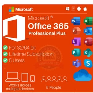 May include: An orange Microsoft Office 365 Professional Plus software card featuring the Microsoft logo, application icons, and text stating For 32/64 bit, Lifetime Subscription, 5 Users, and Works across multiple devices for 5 People.