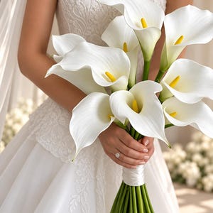 May include: A bouquet of white calla lilies with bright yellow spadices, featuring long green stems wrapped in a white satin ribbon. The flowers are arranged in a cluster, showcasing their trumpet-shaped petals and smooth, curved forms.