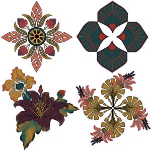 May include: A collection of four distinct graphic illustrations featuring a symmetrical geometric floral emblem, a four-part teal and red fan-shaped motif, a cluster of dark purple and orange lilies, and a golden fan pattern with black dragonflies.