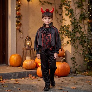 May include: A black and red devil costume featuring a cape with a ruffled collar, a vest with a red floral pattern, black trousers, and a headband with two red horns. The ensemble includes a high-collared cape with red trim and long sleeves.